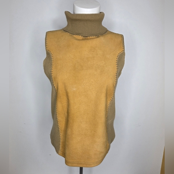 Dkny Sweaters - DKNY Size M Camel Color Turtleneck Sweater Vest In Suede Leather And Wool